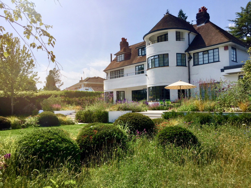 Wildlife garden, meadow and yew topiary balls