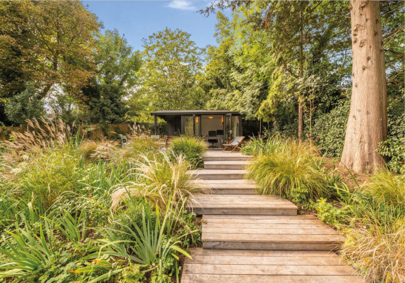 Spacious garden building  surrounded by plants alive with butterflies, bees and other garden wildlife