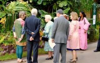 H.M> the Queen viewing The RHS Chelsea Flower Show Rainforest show garden