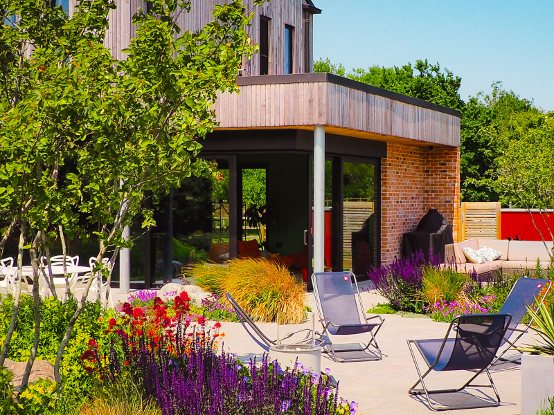 Seating area with flower borders