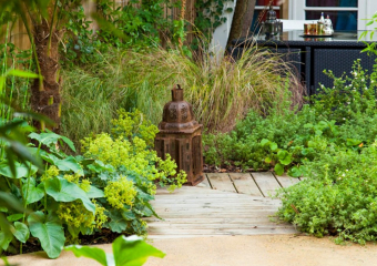 Wood pathway with old lanterns and overgrowing plants, Clapham, designed by Ann-Marie Powell, July, UK 2009